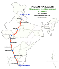 (Kochuveli - Dehradun) Express route map