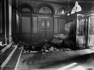 Lobby after or during the 1918 Battle of Helsinki, with the entryway barricaded