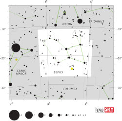 Diagram showing star positions and boundaries of the Lepus constellation and its surroundings