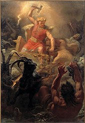 Thor raising his hammer in a battle against the giants