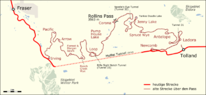 The winding inefficiency of the outdoor Rollins Pass rail route is brought into sharp contrast when compared with the direct, weather-agnostic Moffat Tunnel route. The Moffat Tunnel eliminated 10,800 degrees of curvature along the Rollins Pass route.[186]