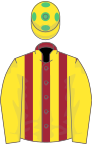 MAROON and YELLOW STRIPES, yellow sleeves, yellow cap, emerald green spots