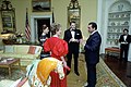 US President Ronald Reagan and Nancy Reagan meets Egyptian President Hosni Mubarak and Suzanne Mubarak at Mubarak's state visit to Washington, March 1982