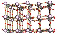 Ball and stick model of layered crystal structure containing two types of atoms.