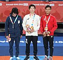 Victory ceremony (from left to right): Giorgi Tokhadze (Silver), Wataru Sasaki (Gold), Axel Salas (Bronze)