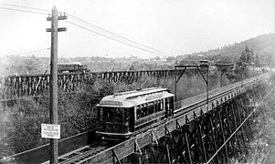 1895:Pasadena and Los Angeles Electric Railway and Los Angeles and San Gabriel Valley Railroad train in the Arroyo Seco at Garvanza