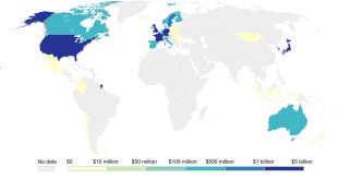 Map showing that the US, various European countries and Japan contributed most the Green Climate Fund