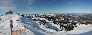 View of the Damülser Mittagsspitze and the ski area of Damüls-Mellau