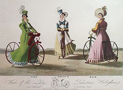 Johnson’s Ladies’ Walking Machine, sold in London 1818-1819, had a step-through frame to accommodate skirts