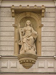 19th-century sculpture of the Power of Law at Olomouc, Czech Republic—lacks the blindfold and scales of Justice, replacing the latter with a book