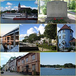 Images, from top, left to right: Naantali’s medieval stone church and SS Ukkopekka, Jöns Budde statue, Särkänsalmi bridge, the guest harbour and Old Town of Naantali, Moomin's haus in Moomin World (Muumimaailma), Naantali Old Town and Archipelago of Naantali.