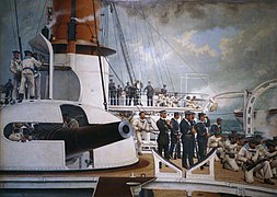 A painting by Paul Jazet (1848–1918), featuring a Vauban-class battleship