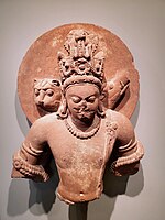 Vishnu in three incarnations (Chaturvyuha): Vishnu himself or Vāsudeva-Krishna in human form, Varaha as a boar, Narasimha as a lion. Mathura, mid-5th century CE. Boston Museum.[47]
