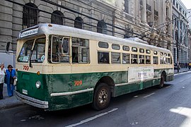 One of the Pullman-built trolley buses that are still in service in Valparaíso, Chile, in 2014