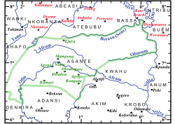 登基拉的位置（地圖中左部）; 19世紀90年代初阿散蒂民族（綠色標記處）和登基拉（地圖中左部）的核心區