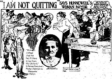 Imaginative drawing by reporter Marguerite Martyn of Mayor Ella Wilson of Hunnewell, her supporters and opponents, with a photo. The all-male city council was attempting to remove her. St. Louis Post-Dispatch, September 3, 1911