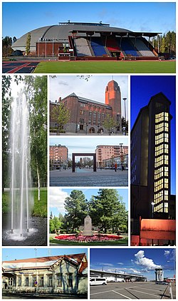 Clockwise from top-left: the Joensuu Arena, the North Karelia Central Hospital, the Joensuu Airport, the Joensuu Railway Station, and the fountain in the park; in the middle from top to bottom: the Joensuu City Hall, The Gate of Joensuu (Joensuun portti) near the market square, and the Statue of Liberty in the Park of Liberty