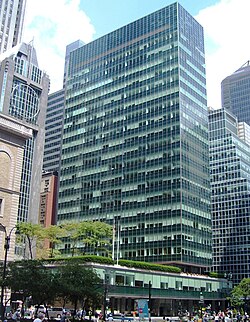 Lever House, a 23-story tower with a green-glass facade, as seen from the intersection of Park Avenue and 53rd Street