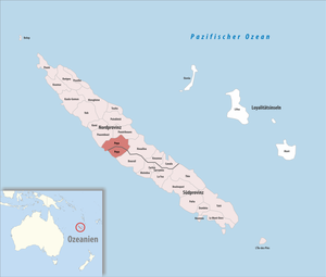 在新喀里多尼亞與北部省、南部省的位置