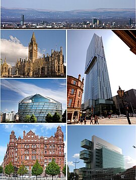 顺时针从上：曼彻斯特天际线远景， 比瑟姆塔，曼彻斯特民事司法中心（英语：Manchester Civil Justice Centre），米德兰酒店，一天使广场（英语：One Angel Square）, 曼彻斯特市政厅