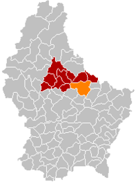 瓦莱德莱恩茨在卢森堡地图上的位置，瓦莱德莱恩茨为橙色，迪基希县为深红色