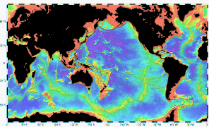 Bathymetry of the ocean floor showing the continental shelves (salmon colour) and the mid-ocean ridges (yellow-green)