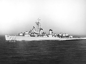 USS Monssen (DD-798) underway after she was recommissioned, in July 1953.