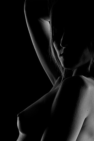 女性裸体摄影（英语：Nude photography (art)）搭配低主光（英语：Low-key lighting）。