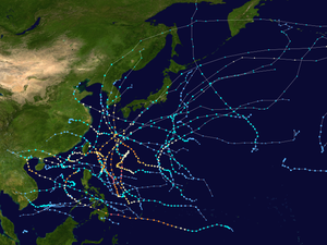 Map showing the paths of multiple storms represented by several dotted lines. Each dot denotes the storm's position at six-hour intervals, while its color denotes the storm's intensity at that position.