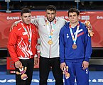 Victory ceremony (from left to right): Osman Ayaydın (Silver), Mohammad Nosrati (Gold), Mukhammad Evloev (Bronze)