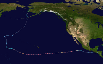 Map plotting the track and the intensity of the storm, according to the Saffir–Simpson scale