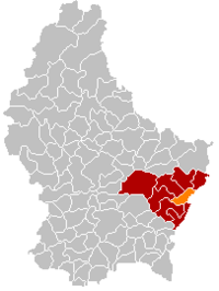 格雷文马赫在卢森堡地图上的位置，格雷文马赫为橙色，格雷文马赫县为深红色