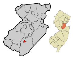 Location of Jamesburg in Middlesex County highlighted in red (left). Inset map: Location of Middlesex County in New Jersey highlighted in orange (right).