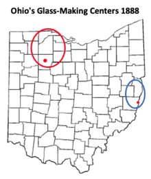 map of Ohio showing two major glass making centers