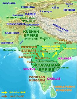 深绿色位置为百乘王朝(Satavahana)原有的领土，而浅绿色位置则是其后所征服的区域。