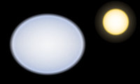 This illustration compares the rapidly rotating Vega (left) to the smaller Sun (right).