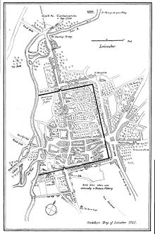 Old Town Leicester showing the site of Blackfriars (1722)