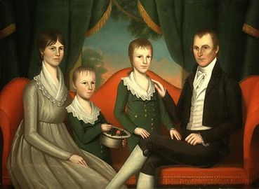 1804 Ralph Eleaser Whiteside Earl family portrait illustrates Earl's early work's stiff postures and naive style.