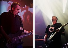 Two images composited together. The first is of B. C. Green playing bass with Godflesh, and the second is of Justin Broadrick playing guitar with Godflesh.