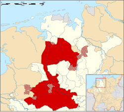 1560年的下萊茵-威斯特法倫行政圈地圖， 明斯特采邑主教區以紅色表示