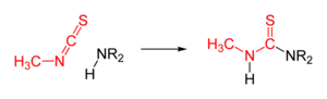 Reaction scheme: MITC and secondary amine react to form a thiourea