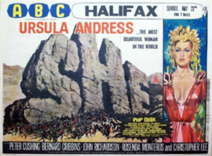 Movie poster for the 1965 movie, She, with painting by Cohen of a crowd scene on left side