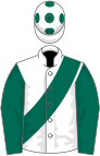 White, dark green sash and sleeves, spots on cap