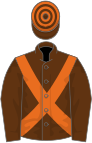 Brown, orange cross belts, hooped cap