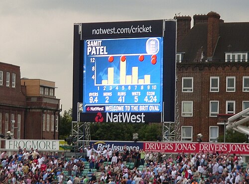 Scoreboard summarising Samit Patel's 5-wicket haul. The bar chart shows the runs conceded (white rectangles) and wickets taken (red dots) in each over.