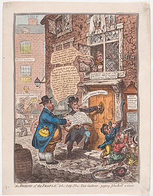 A satirical cartoon by James Gilroy. John Bull, speaking from a first floor window, says "TAXES? TAXES? TAXES? why how an I to get money to pay them all? I shall very soon have neither a House nor Hole to put my head in!