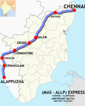 (Chennai–Alleppey) Express route map