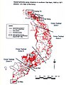 1965年至1971年间美军在南越空中喷洒落叶剂的任务地图。这造成了大范围的饥荒，使成千上万人营养不良与饥饿。