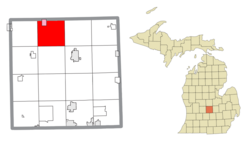 Location within Clinton County (red) and the administered village of Maple Rapids (pink)