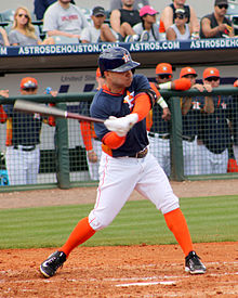 José Altuve, in Houston's navy spring training uniform, swings at a pitch